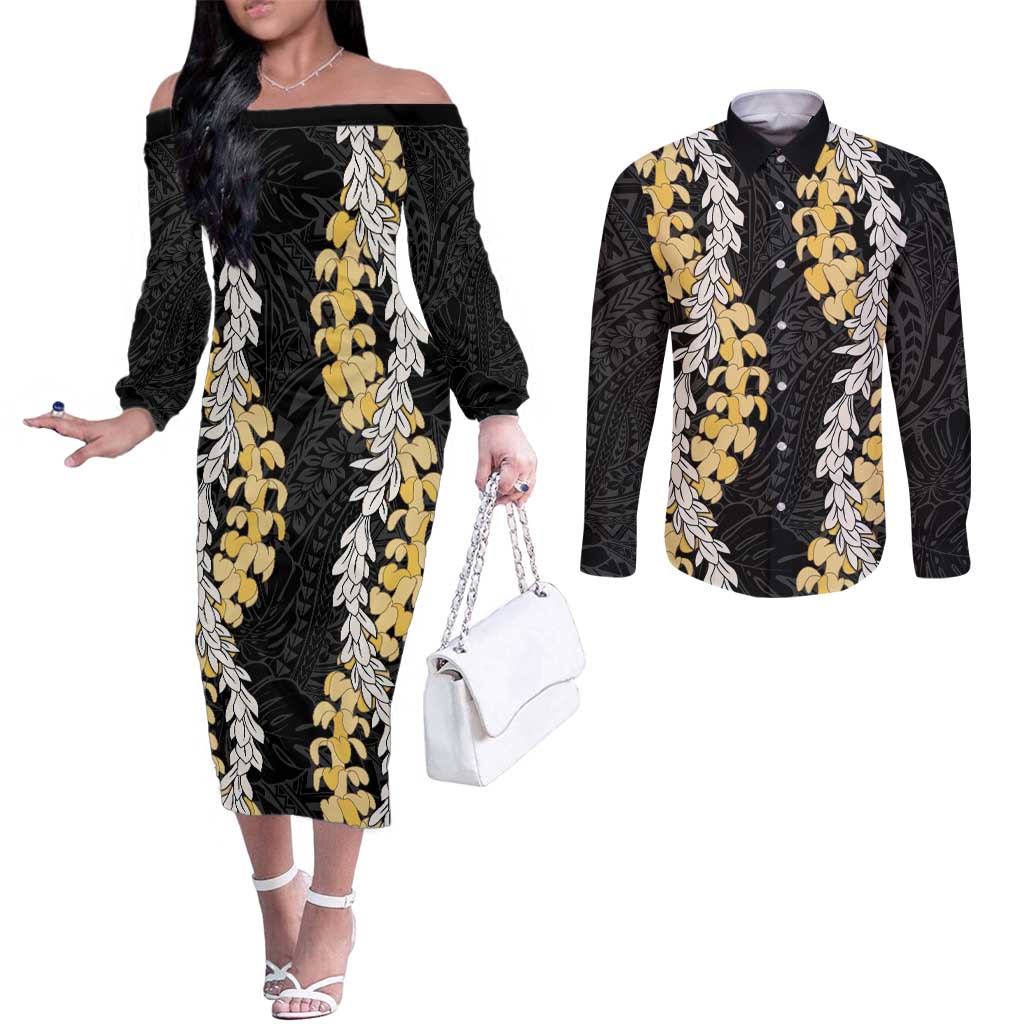 Puakenikeni and Maile Lei Couples Matching Off The Shoulder Long Sleeve Dress and Long Sleeve Button Shirt Black Double Strand Lei LT9 Black - Polynesian Pride