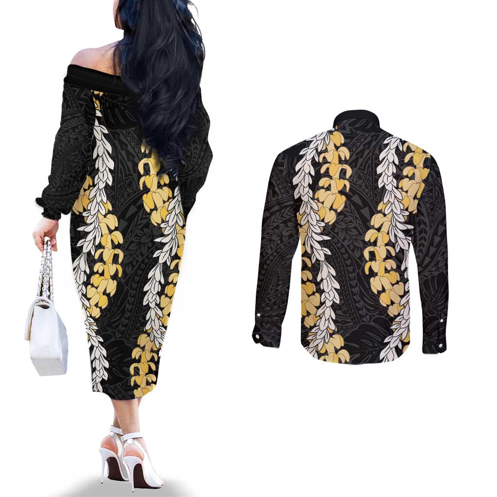 Puakenikeni and Maile Lei Couples Matching Off The Shoulder Long Sleeve Dress and Long Sleeve Button Shirt Black Double Strand Lei LT9 - Polynesian Pride