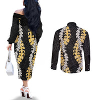 Puakenikeni and Maile Lei Couples Matching Off The Shoulder Long Sleeve Dress and Long Sleeve Button Shirt Black Double Strand Lei LT9 - Polynesian Pride