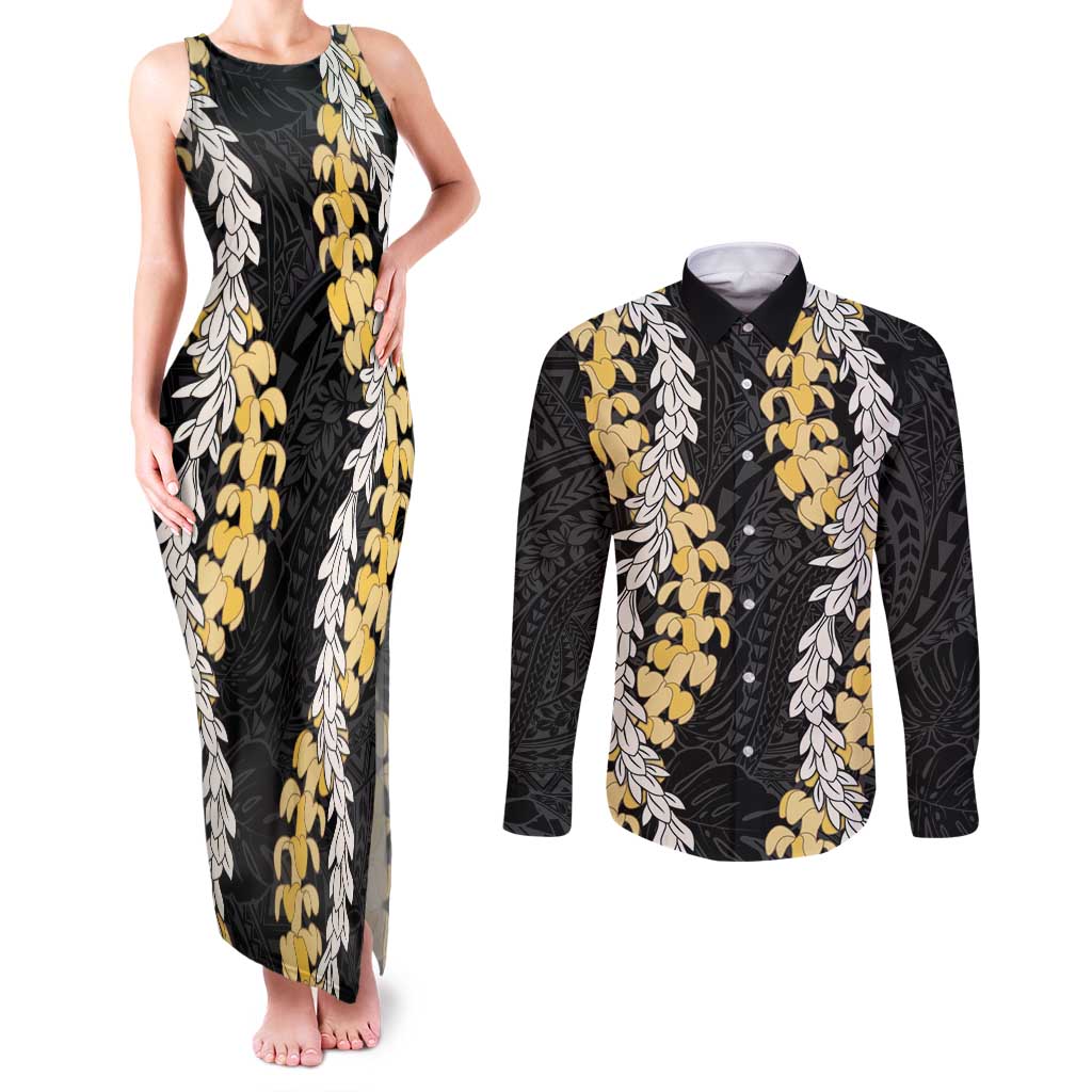 Puakenikeni and Maile Lei Couples Matching Tank Maxi Dress and Long Sleeve Button Shirt Black Double Strand Lei LT9 Black - Polynesian Pride