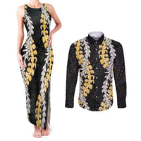 Puakenikeni and Maile Lei Couples Matching Tank Maxi Dress and Long Sleeve Button Shirt Black Double Strand Lei LT9 Black - Polynesian Pride