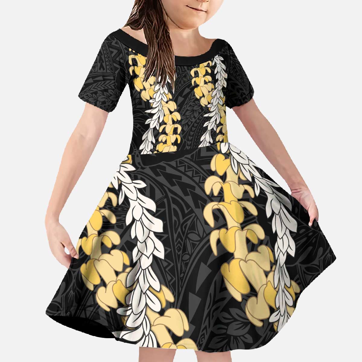 Puakenikeni and Maile Lei Family Matching Off The Shoulder Long Sleeve Dress and Hawaiian Shirt Black Double Strand Lei