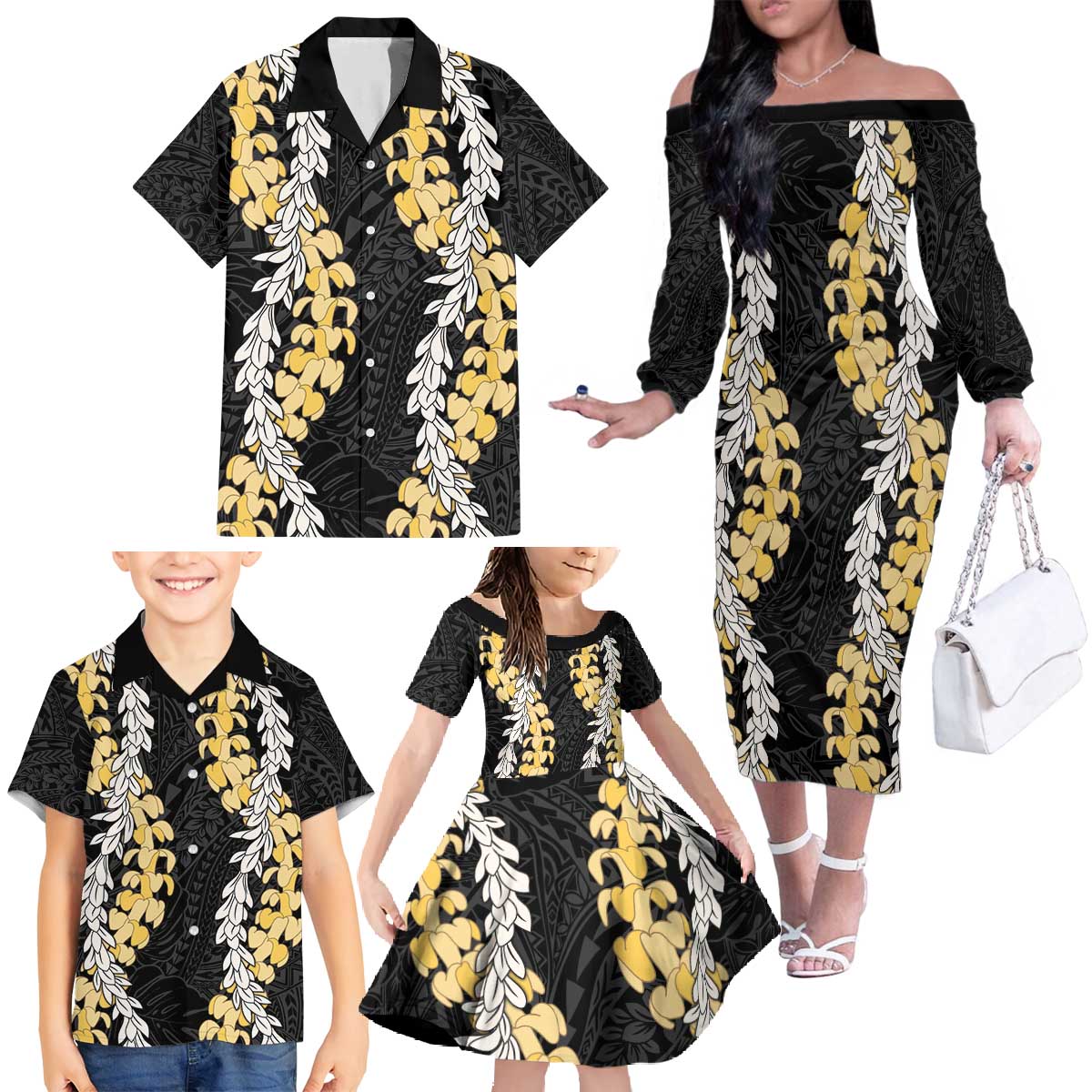Puakenikeni and Maile Lei Family Matching Off The Shoulder Long Sleeve Dress and Hawaiian Shirt Black Double Strand Lei