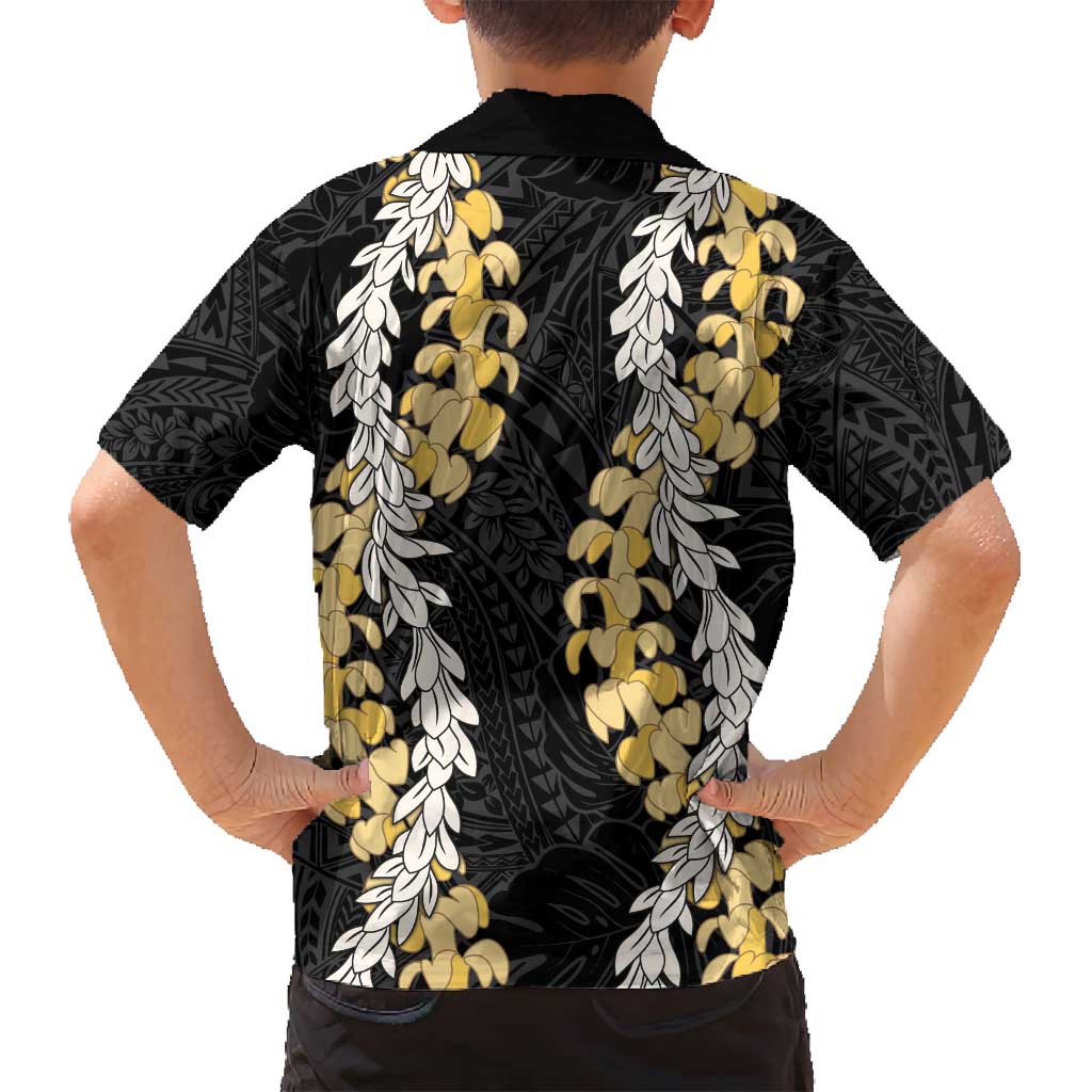 Puakenikeni and Maile Lei Family Matching Off Shoulder Maxi Dress and Hawaiian Shirt Black Double Strand Lei