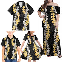 Puakenikeni and Maile Lei Family Matching Off Shoulder Maxi Dress and Hawaiian Shirt Black Double Strand Lei
