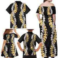 Puakenikeni and Maile Lei Family Matching Off Shoulder Maxi Dress and Hawaiian Shirt Black Double Strand Lei