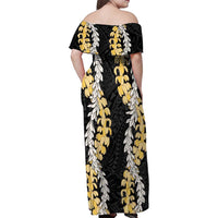 Puakenikeni and Maile Lei Family Matching Off Shoulder Maxi Dress and Hawaiian Shirt Black Double Strand Lei