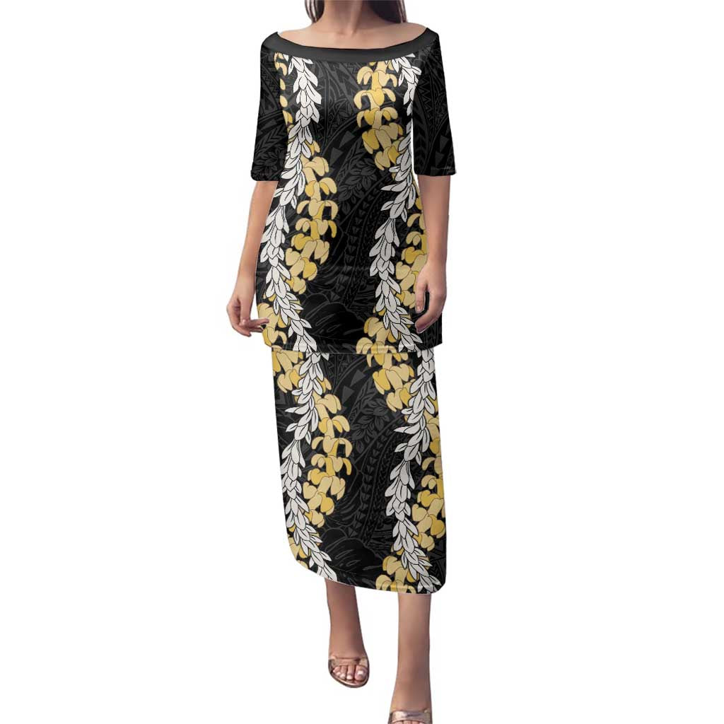 Puakenikeni and Maile Lei Family Matching Puletasi and Hawaiian Shirt Black Double Strand Lei