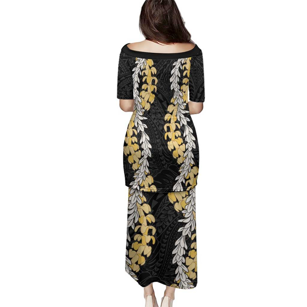 Puakenikeni and Maile Lei Family Matching Puletasi and Hawaiian Shirt Black Double Strand Lei