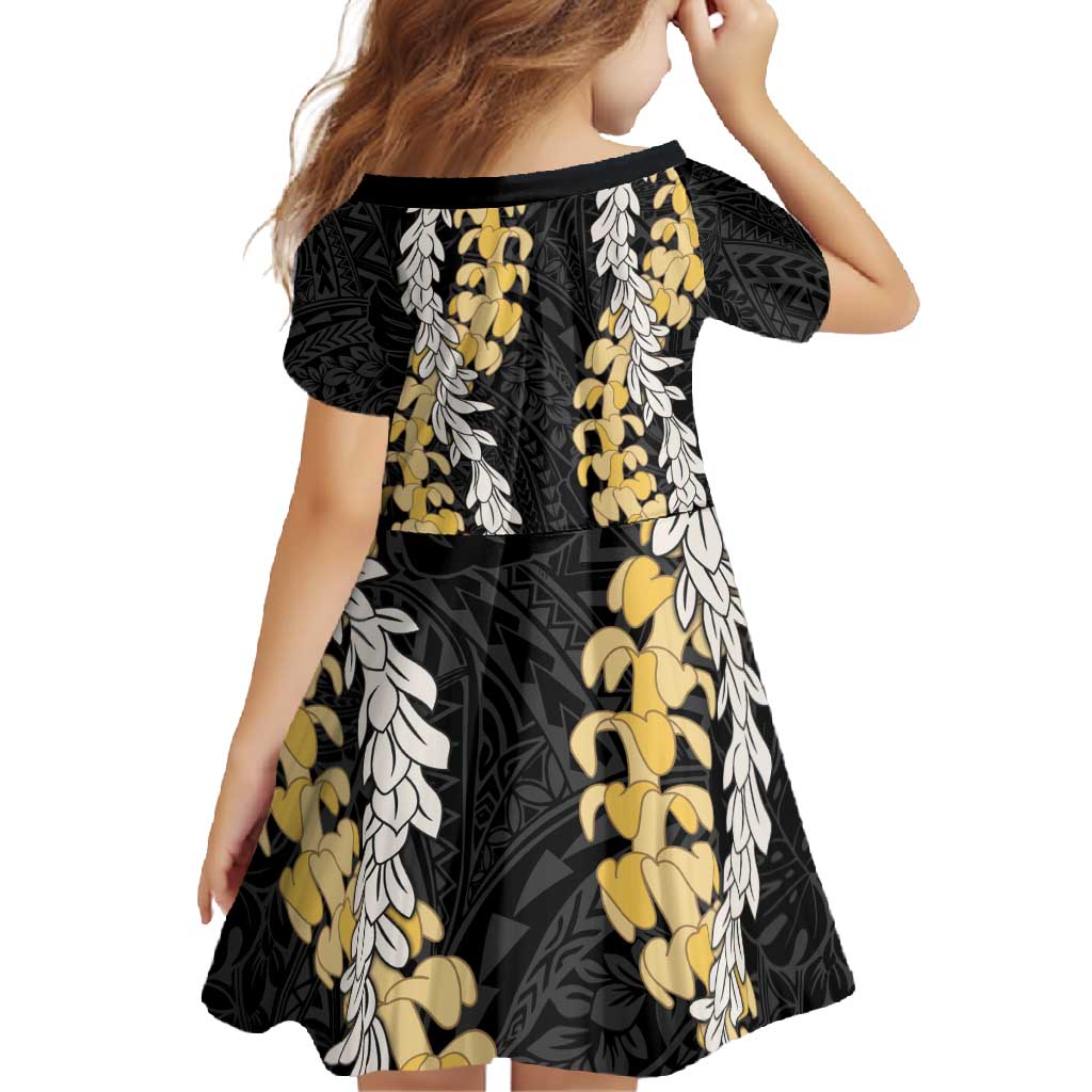 Puakenikeni and Maile Lei Family Matching Short Sleeve Bodycon Dress and Hawaiian Shirt Black Double Strand Lei