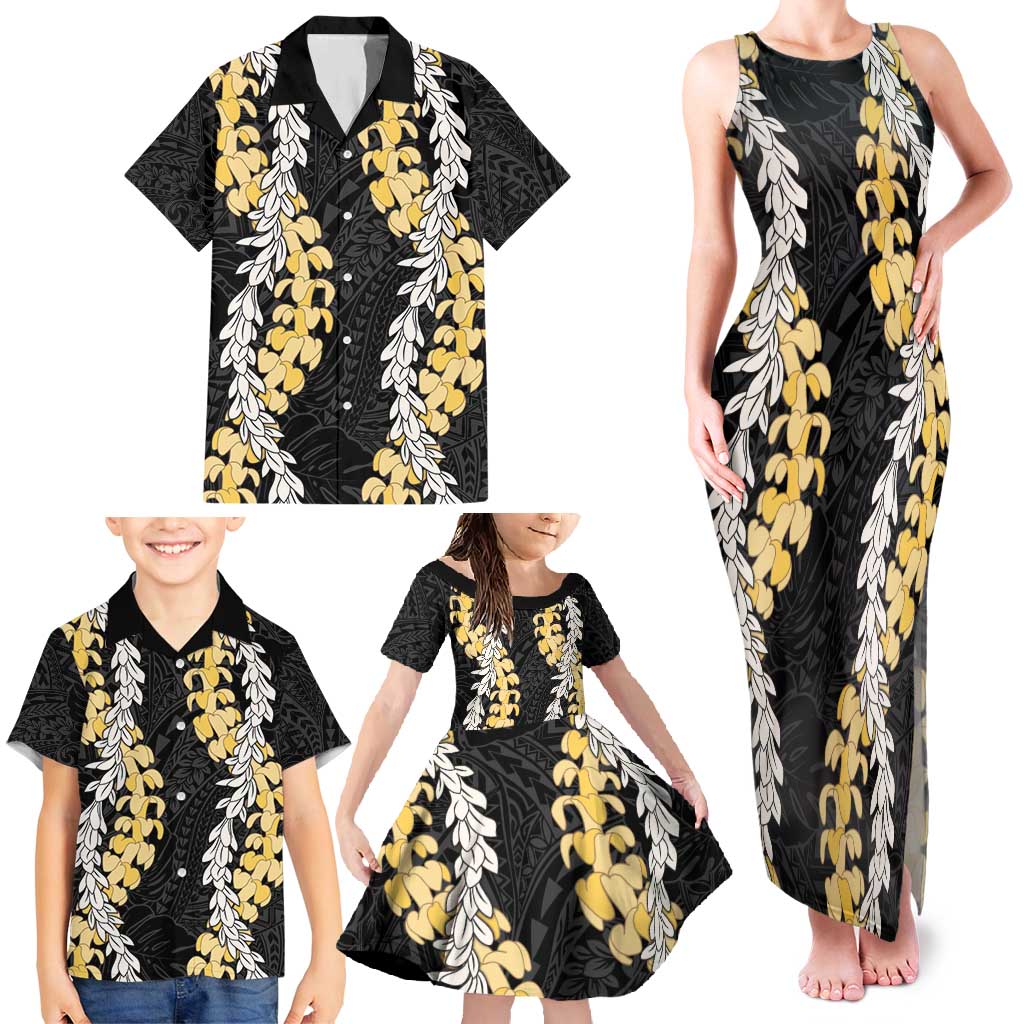 Puakenikeni and Maile Lei Family Matching Tank Maxi Dress and Hawaiian Shirt Black Double Strand Lei