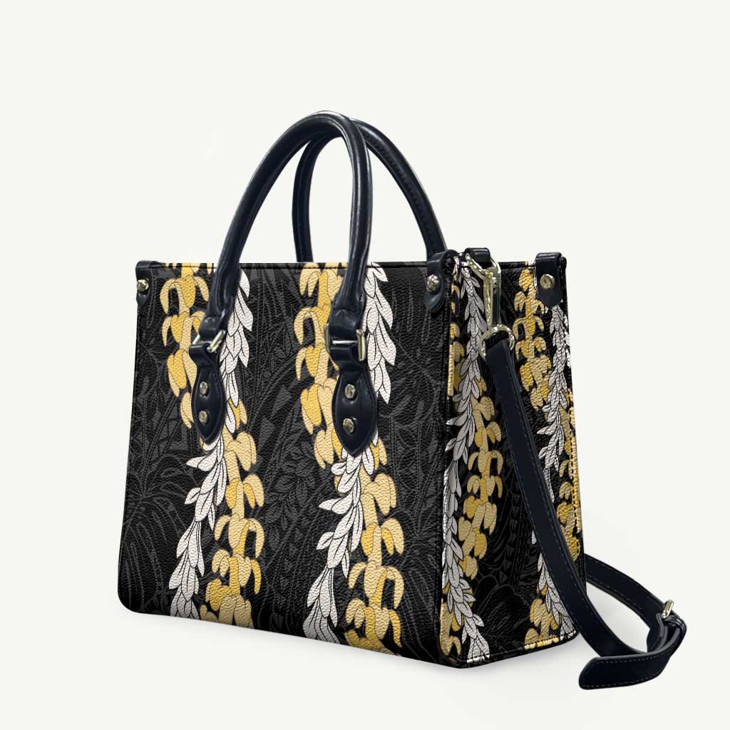 Puakenikeni and Maile Lei Leather Bag Black Double Strand Lei - Polynesian Pride