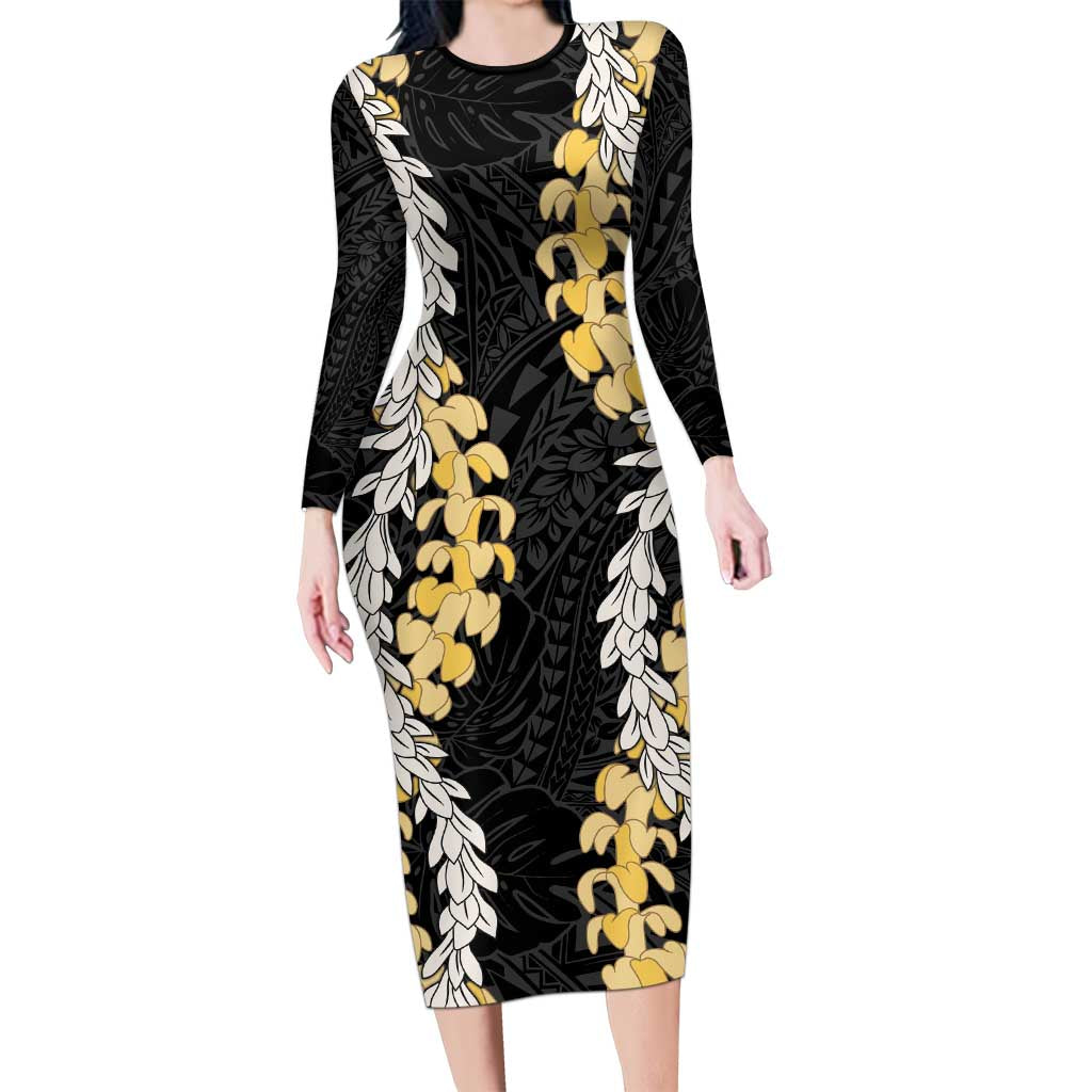 Puakenikeni and Maile Lei Long Sleeve Bodycon Dress Black Double Strand Lei