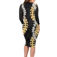 Puakenikeni and Maile Lei Long Sleeve Bodycon Dress Black Double Strand Lei