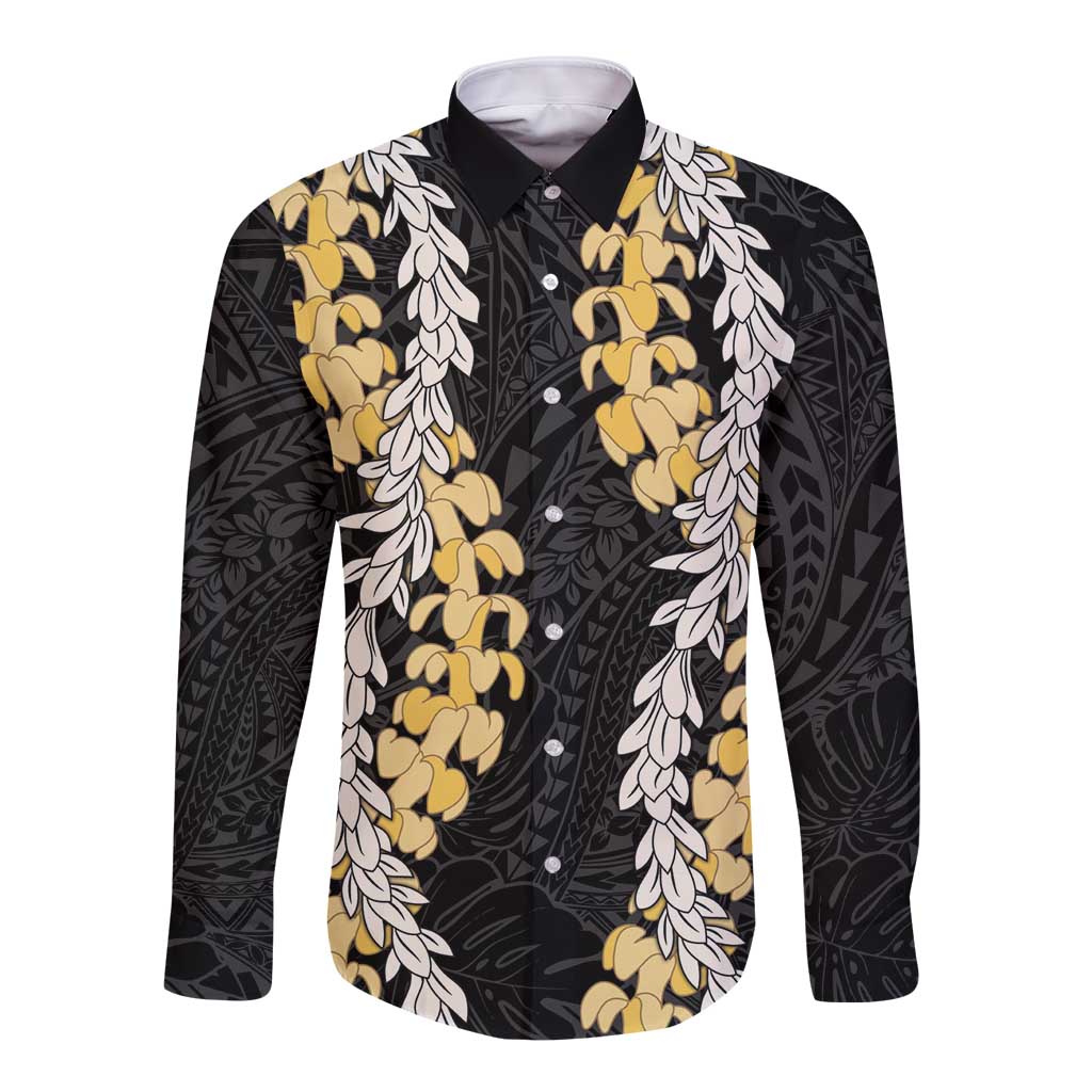Puakenikeni and Maile Lei Long Sleeve Button Shirt Black Double Strand Lei