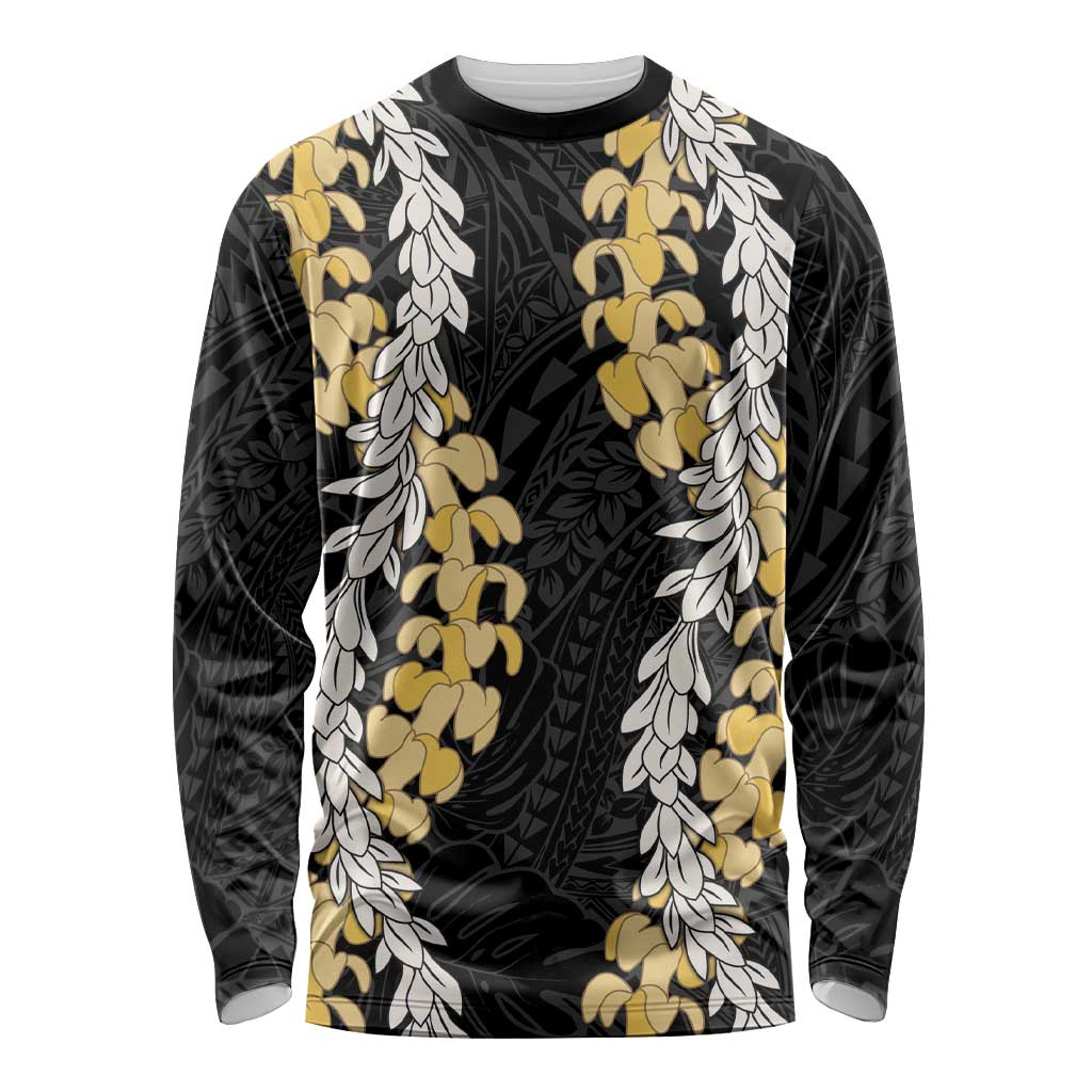 Puakenikeni and Maile Lei Long Sleeve Shirt Black Double Strand Lei LT9 Unisex Black - Polynesian Pride