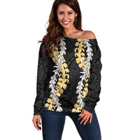Puakenikeni and Maile Lei Off Shoulder Sweater Black Double Strand Lei