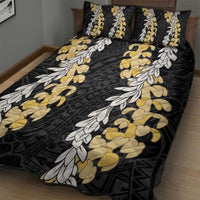 Puakenikeni and Maile Lei Quilt Bed Set Black Double Strand Lei