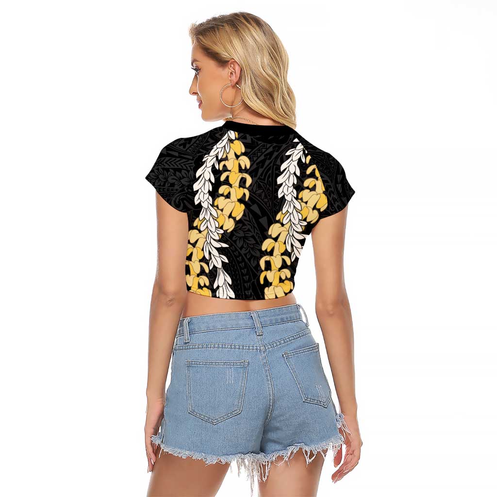 Puakenikeni and Maile Lei Raglan Cropped T Shirt Black Double Strand Lei LT9 - Polynesian Pride
