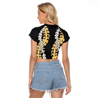 Puakenikeni and Maile Lei Raglan Cropped T Shirt Black Double Strand Lei LT9 - Polynesian Pride