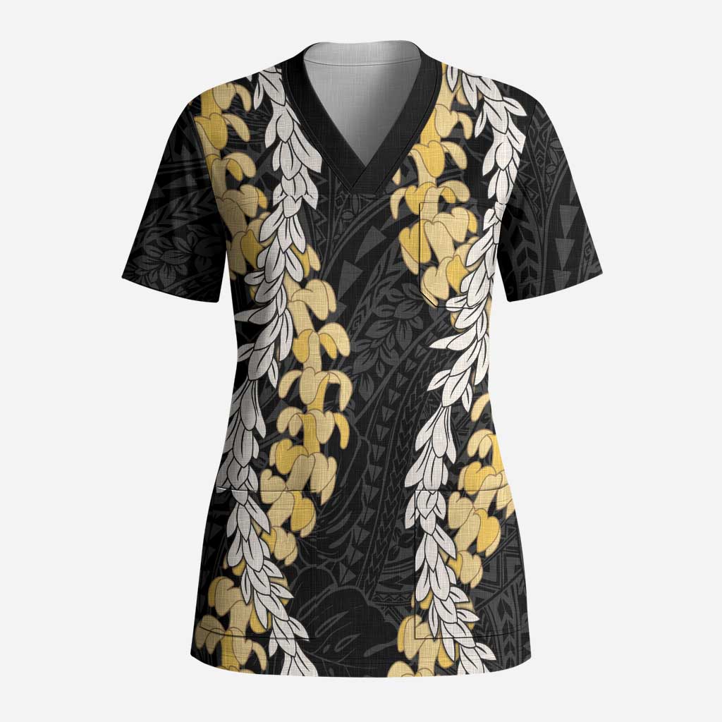 Puakenikeni and Maile Lei Scrub Top Black Double Strand Lei - Polynesian Pride