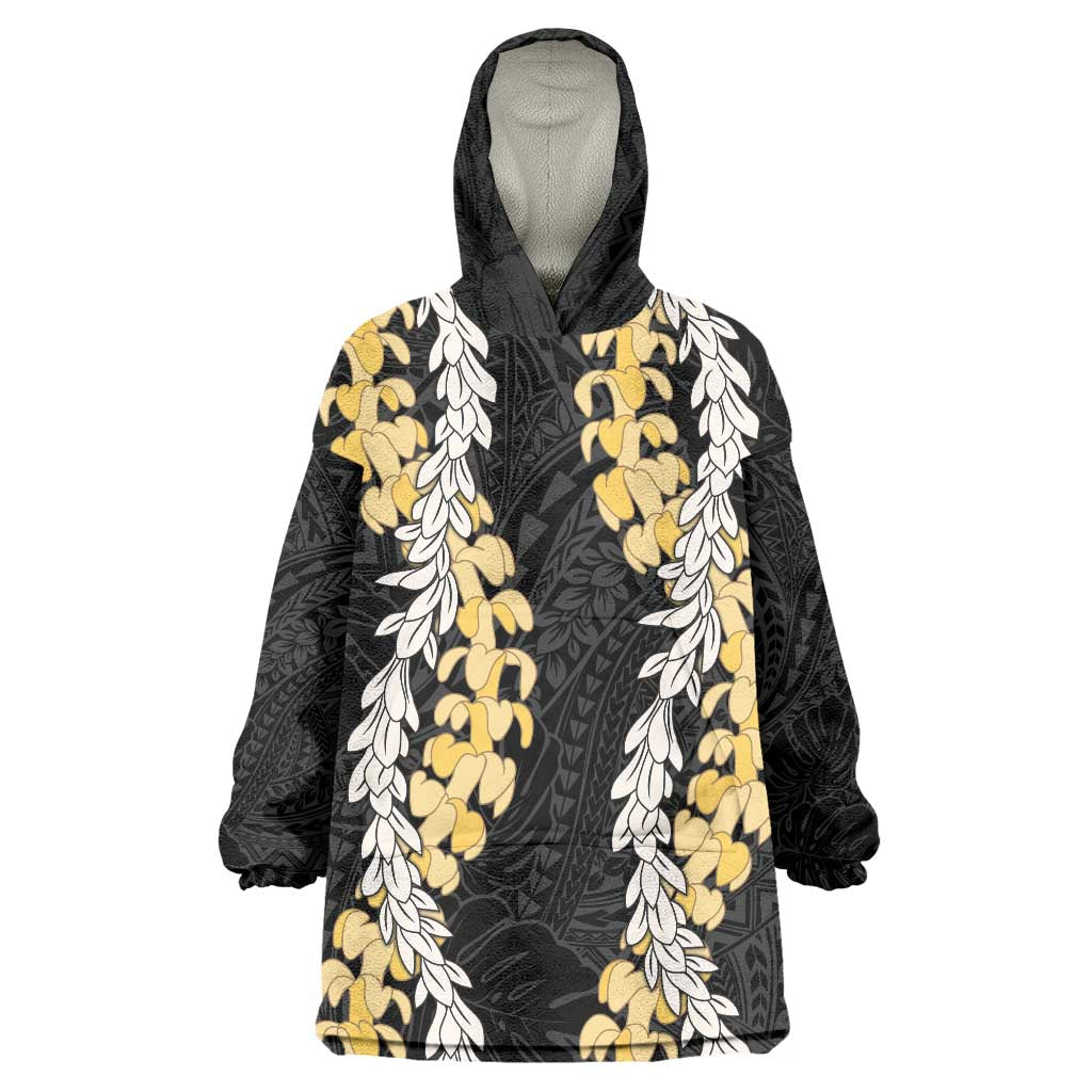 Puakenikeni and Maile Lei Wearable Blanket Hoodie Black Double Strand Lei