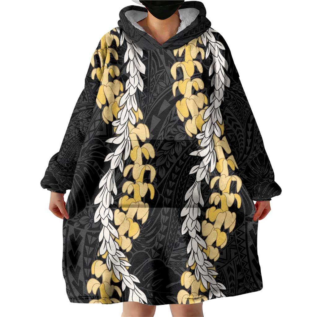 Puakenikeni and Maile Lei Wearable Blanket Hoodie Black Double Strand Lei