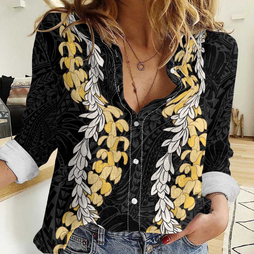 Puakenikeni and Maile Lei Women Casual Shirt Black Double Strand Lei