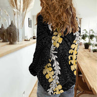 Puakenikeni and Maile Lei Women Casual Shirt Black Double Strand Lei