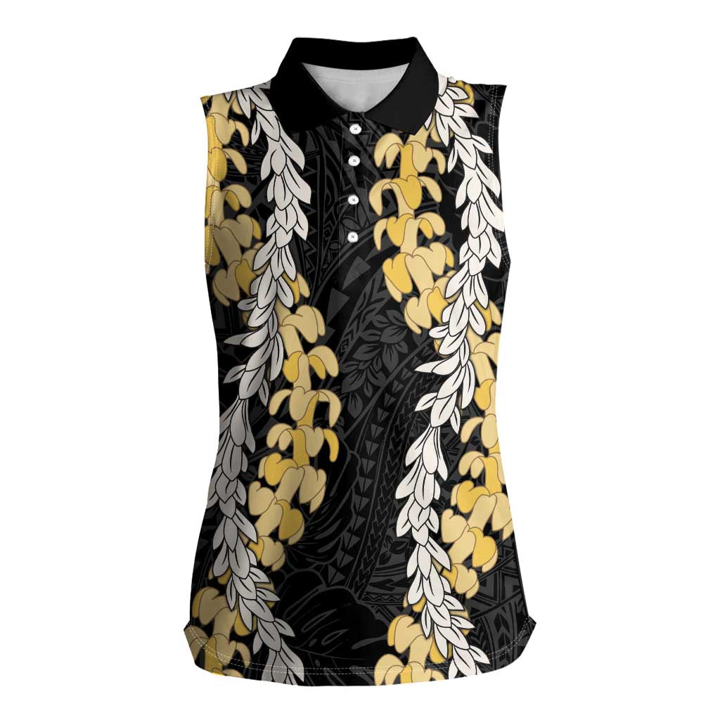Puakenikeni and Maile Lei Women Sleeveless Polo Shirt Black Double Strand Lei LT9 Female Black - Polynesian Pride