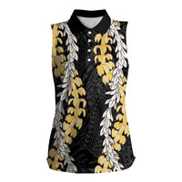 Puakenikeni and Maile Lei Women Sleeveless Polo Shirt Black Double Strand Lei LT9 Female Black - Polynesian Pride