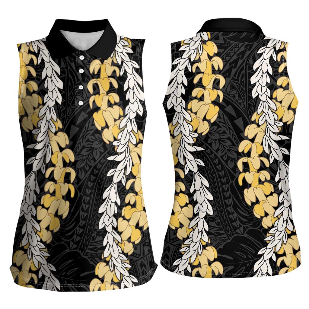 Puakenikeni and Maile Lei Women Sleeveless Polo Shirt Black Double Strand Lei LT9 - Polynesian Pride