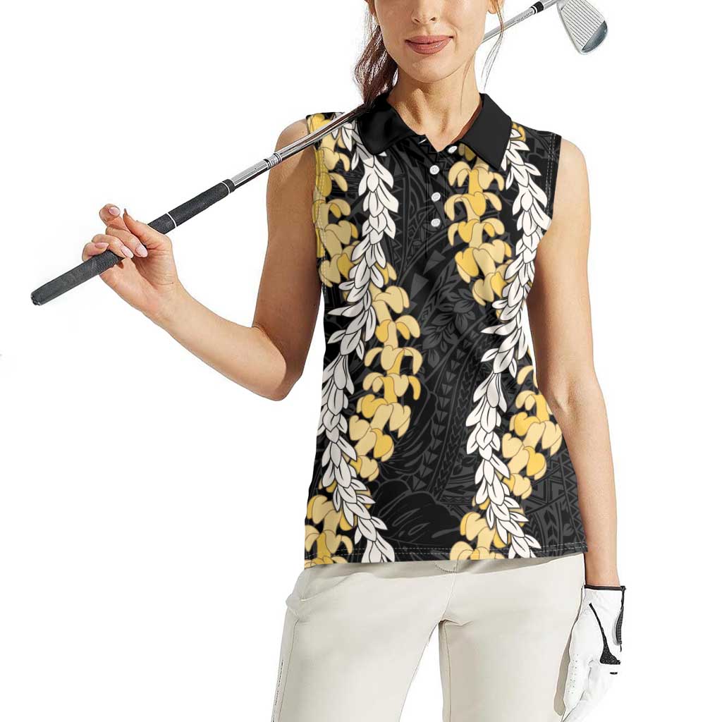 Puakenikeni and Maile Lei Women Sleeveless Polo Shirt Black Double Strand Lei LT9 - Polynesian Pride