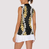 Puakenikeni and Maile Lei Women Sleeveless Polo Shirt Black Double Strand Lei LT9 - Polynesian Pride