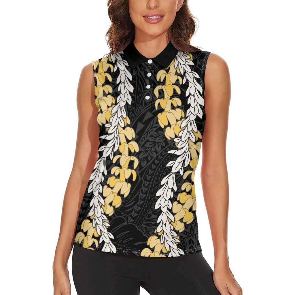 Puakenikeni and Maile Lei Women Sleeveless Polo Shirt Black Double Strand Lei LT9 - Polynesian Pride