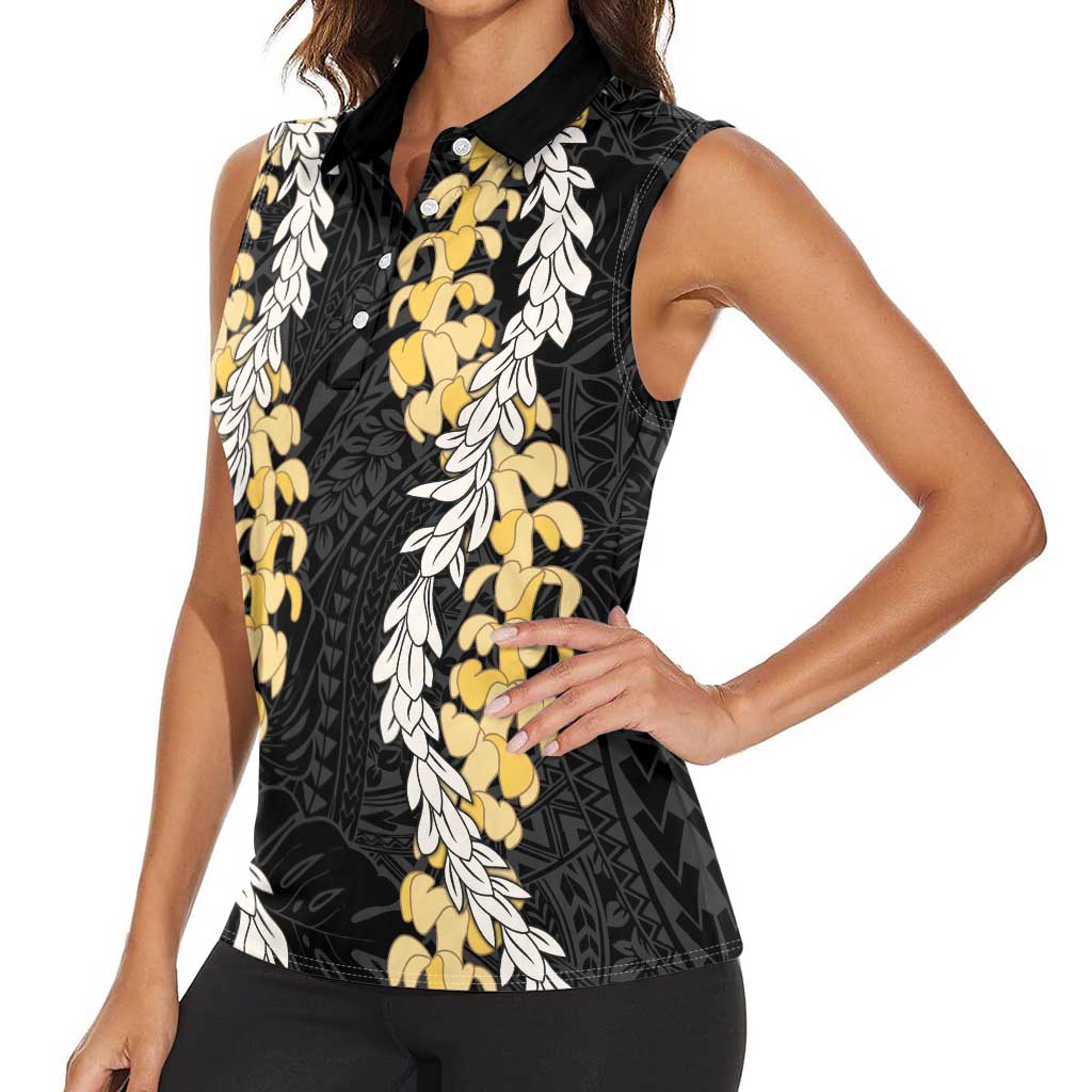 Puakenikeni and Maile Lei Women Sleeveless Polo Shirt Black Double Strand Lei LT9 - Polynesian Pride
