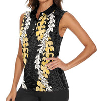Puakenikeni and Maile Lei Women Sleeveless Polo Shirt Black Double Strand Lei LT9 - Polynesian Pride