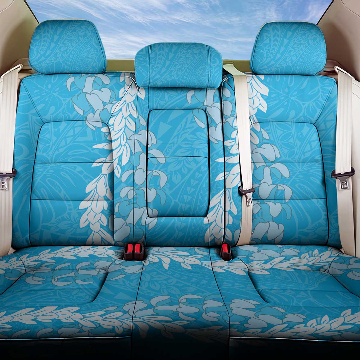 Puakenikeni and Maile Lei Back Car Seat Cover Blue Double Strand Lei