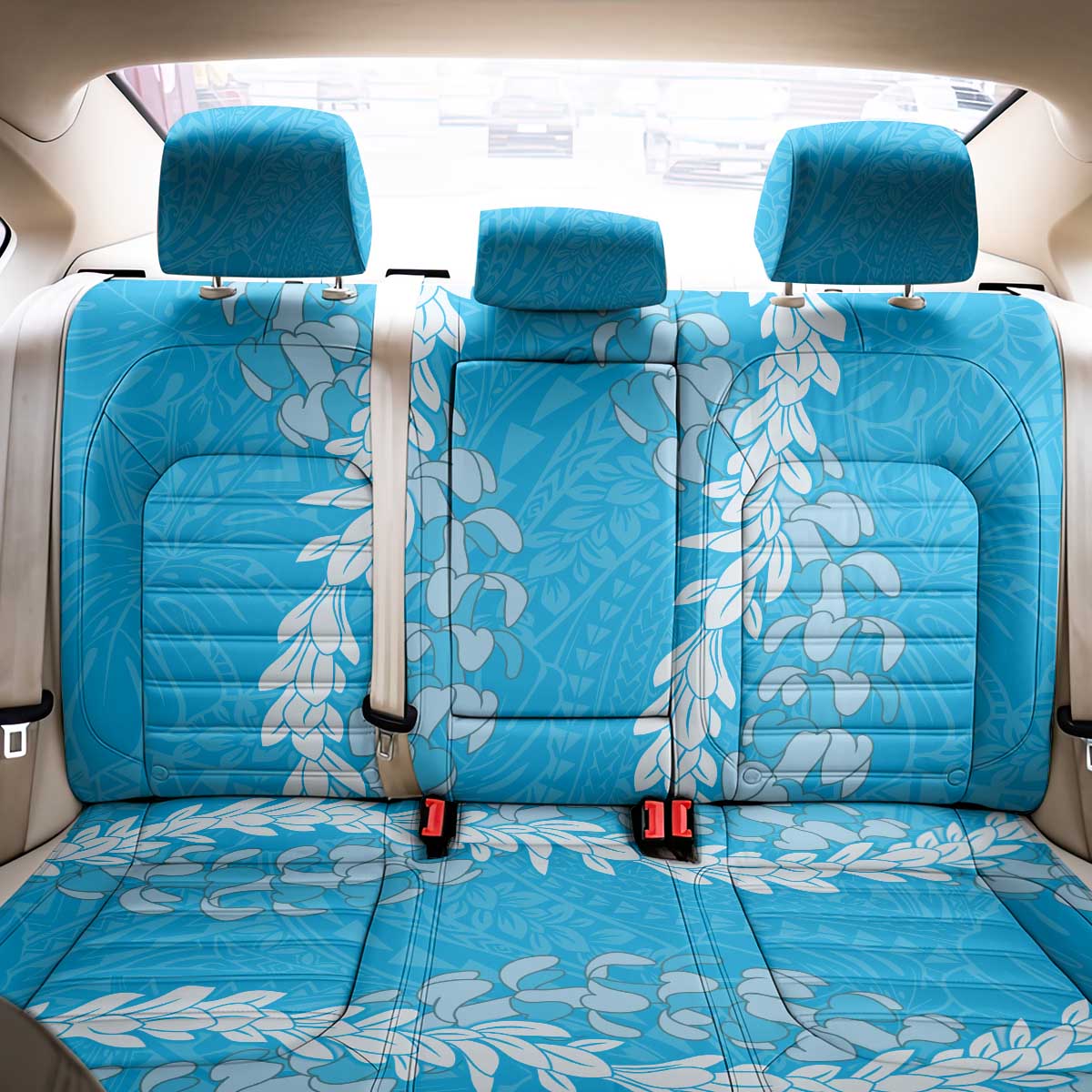 Puakenikeni and Maile Lei Back Car Seat Cover Blue Double Strand Lei