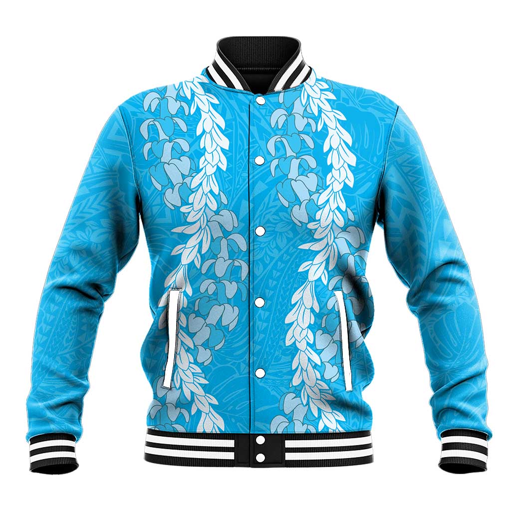 Puakenikeni and Maile Lei Baseball Jacket Blue Double Strand Lei LT9 Unisex Blue - Polynesian Pride