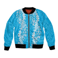 Puakenikeni and Maile Lei Bomber Jacket Blue Double Strand Lei