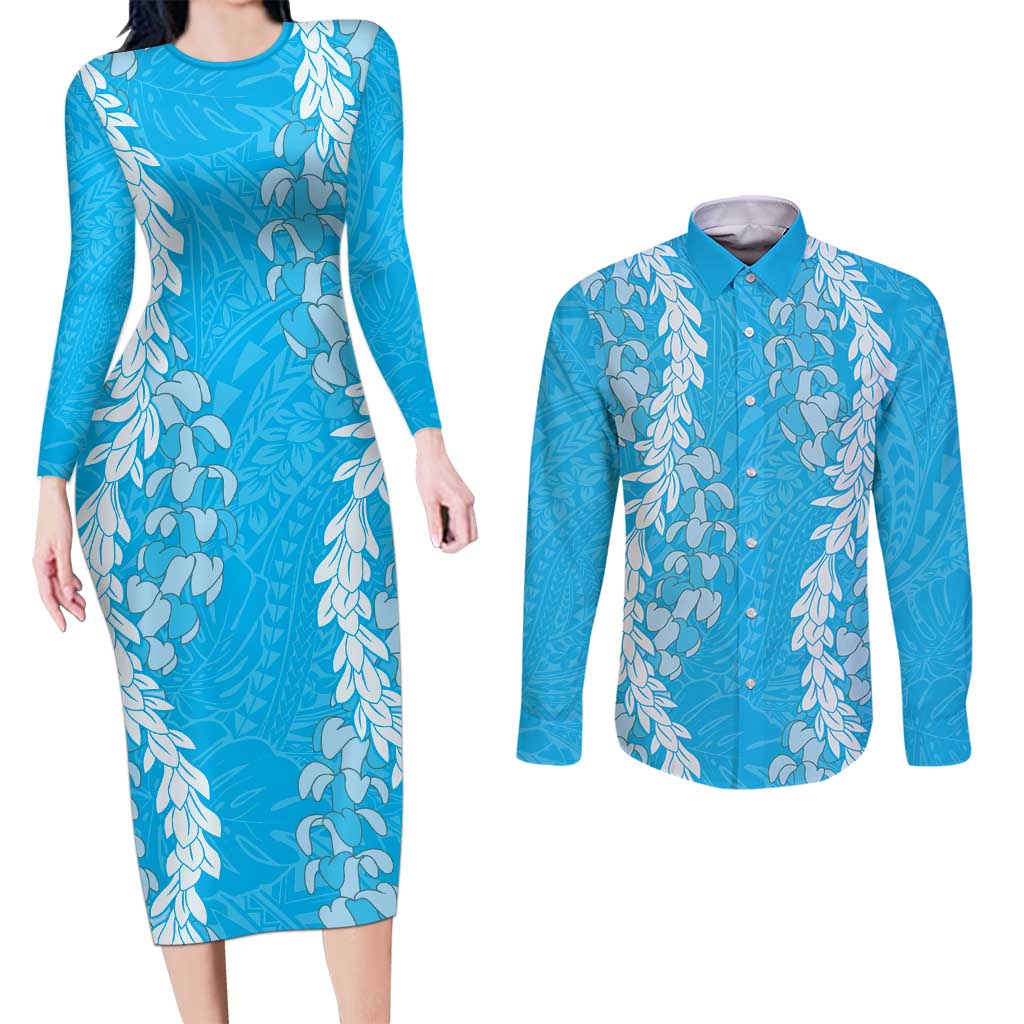Puakenikeni and Maile Lei Couples Matching Long Sleeve Bodycon Dress and Long Sleeve Button Shirt Blue Double Strand Lei LT9 Blue - Polynesian Pride