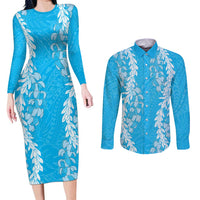 Puakenikeni and Maile Lei Couples Matching Long Sleeve Bodycon Dress and Long Sleeve Button Shirt Blue Double Strand Lei LT9 Blue - Polynesian Pride