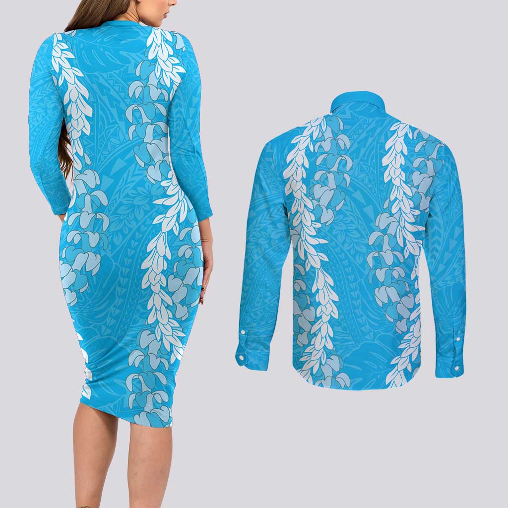 Puakenikeni and Maile Lei Couples Matching Long Sleeve Bodycon Dress and Long Sleeve Button Shirt Blue Double Strand Lei LT9 - Polynesian Pride