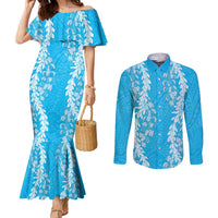 Puakenikeni and Maile Lei Couples Matching Mermaid Dress and Long Sleeve Button Shirt Blue Double Strand Lei LT9 Blue - Polynesian Pride