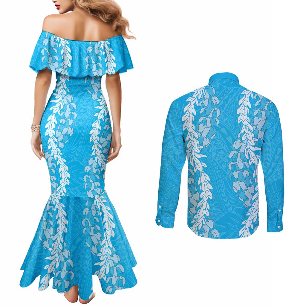 Puakenikeni and Maile Lei Couples Matching Mermaid Dress and Long Sleeve Button Shirt Blue Double Strand Lei LT9 - Polynesian Pride