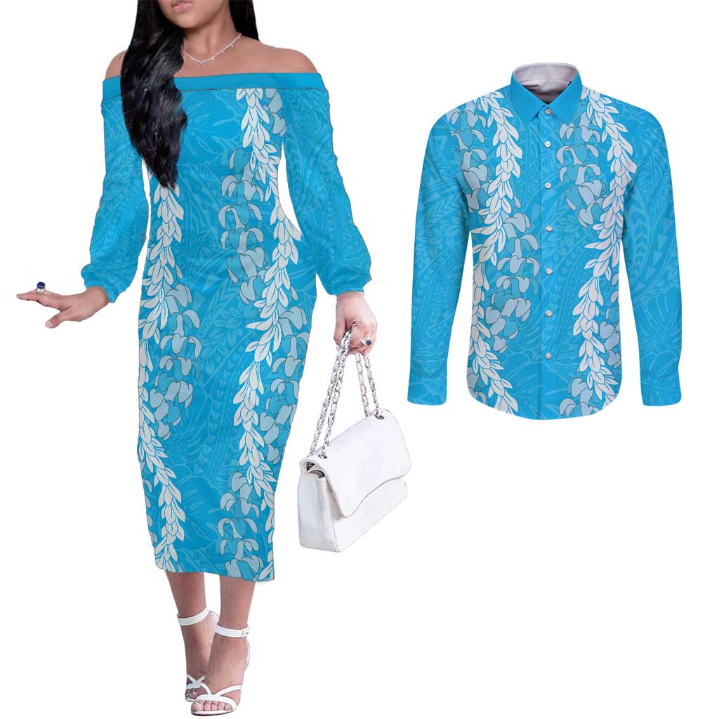 Puakenikeni and Maile Lei Couples Matching Off The Shoulder Long Sleeve Dress and Long Sleeve Button Shirt Blue Double Strand Lei LT9 Blue - Polynesian Pride