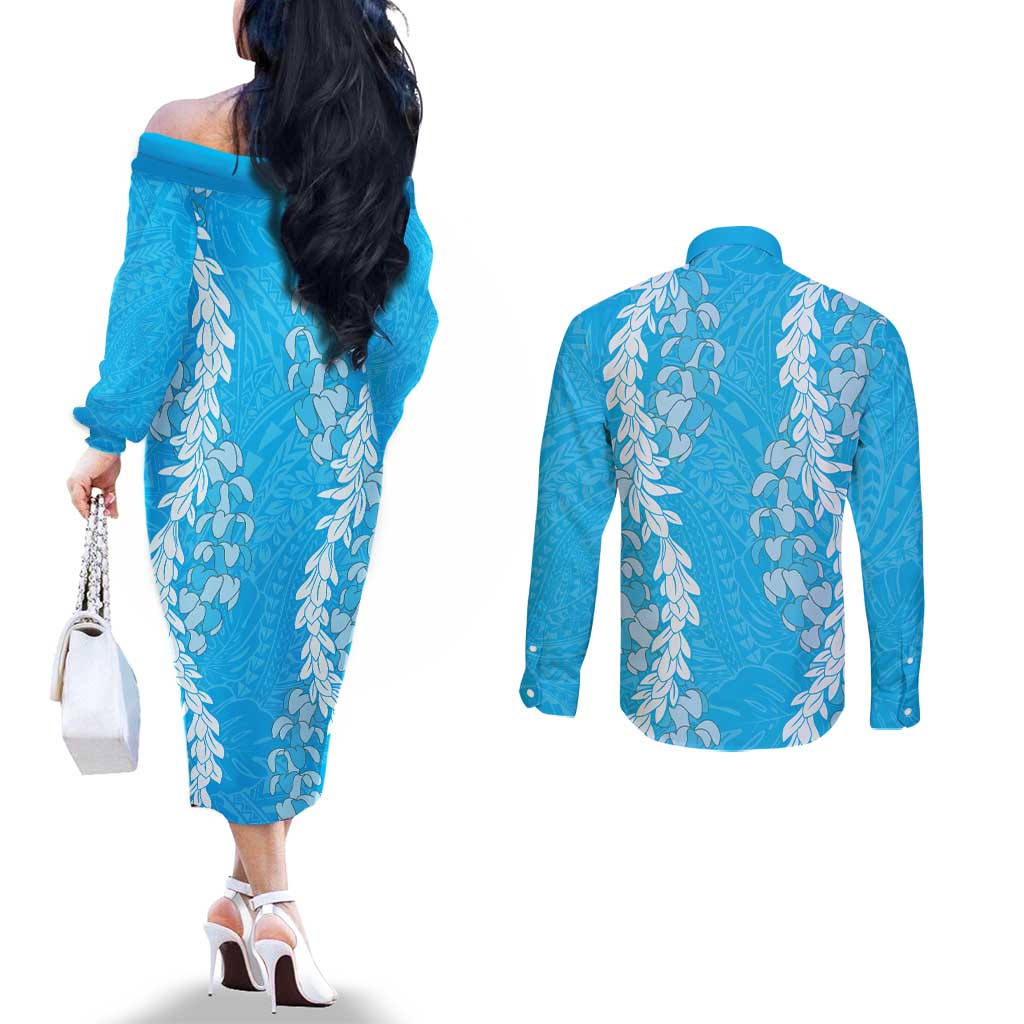 Puakenikeni and Maile Lei Couples Matching Off The Shoulder Long Sleeve Dress and Long Sleeve Button Shirt Blue Double Strand Lei LT9 - Polynesian Pride