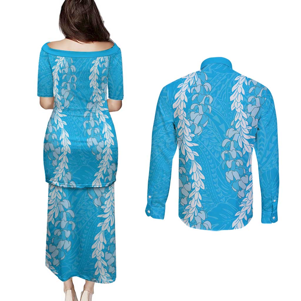 Puakenikeni and Maile Lei Couples Matching Puletasi and Long Sleeve Button Shirt Blue Double Strand Lei