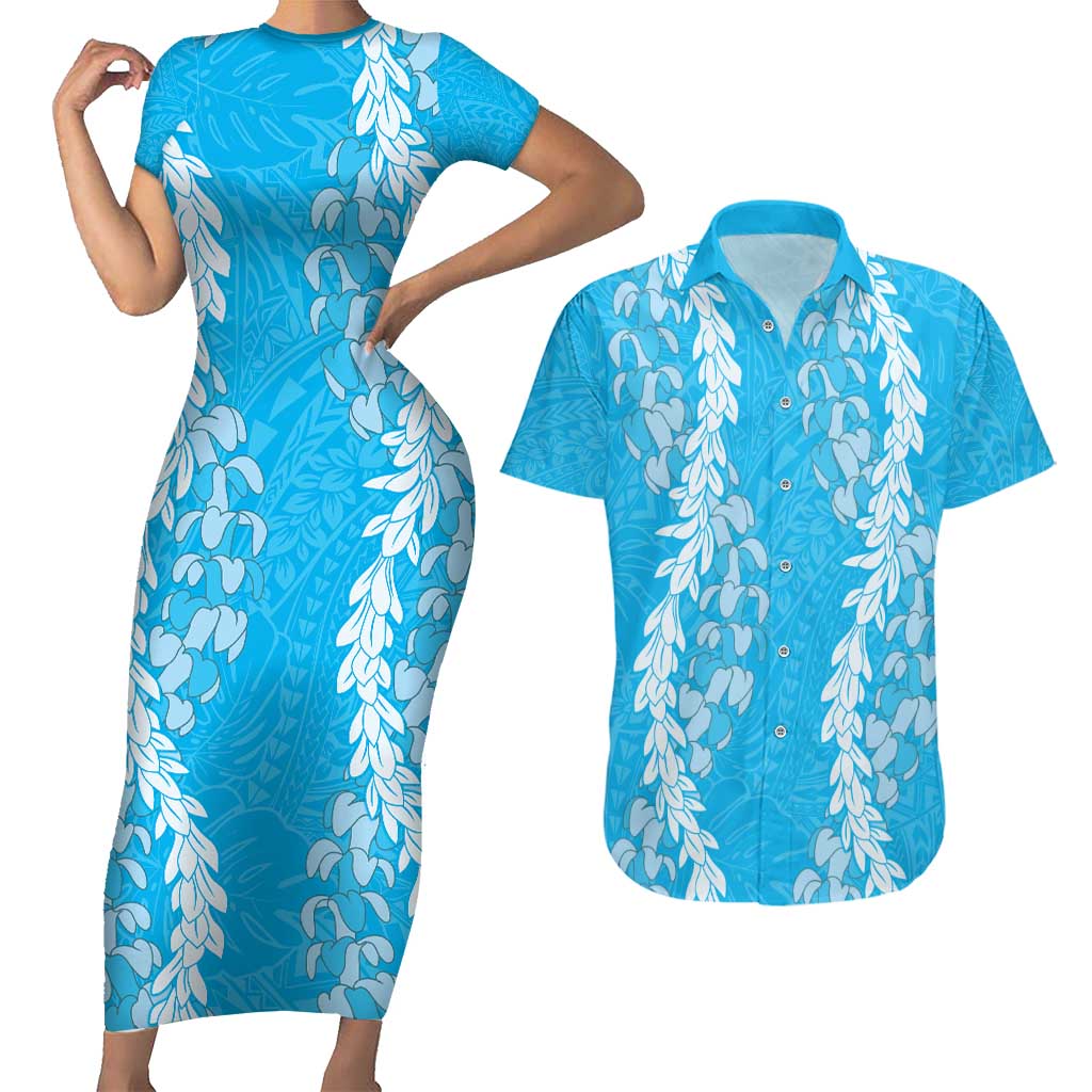 Puakenikeni and Maile Lei Couples Matching Short Sleeve Bodycon Dress and Hawaiian Shirt Blue Double Strand Lei